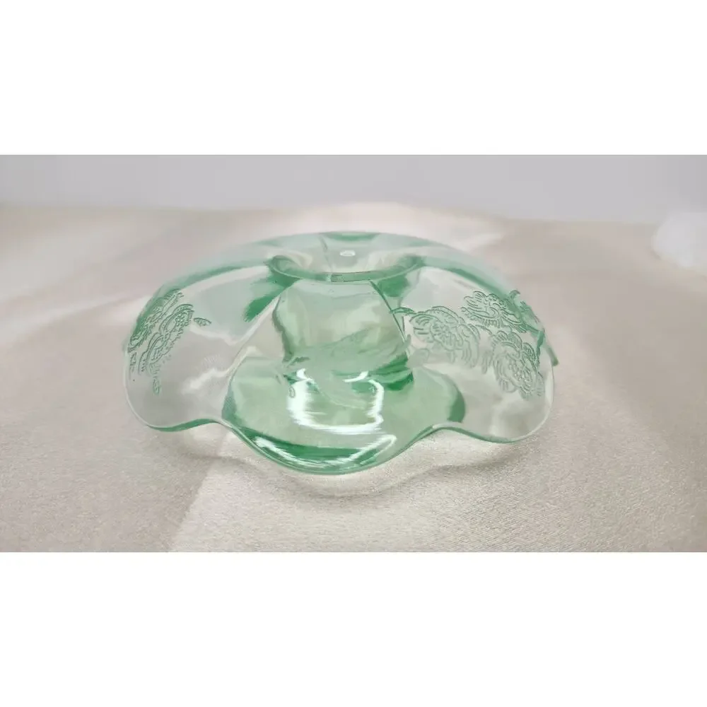 Vintage Paden City Peacock Wild Rose Green Glass Mushroom Candlestick READ